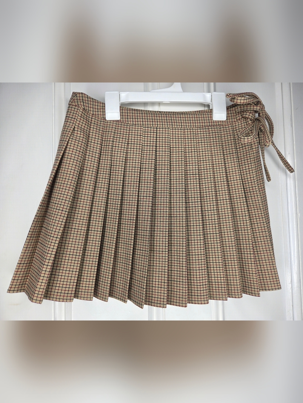 Astr Tan Plaid Pleated Mini Skirt with Side Tie